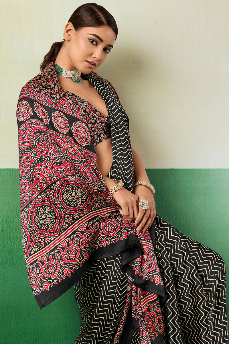 Ebony Black Ajrakh Printed Satin Silk Saree