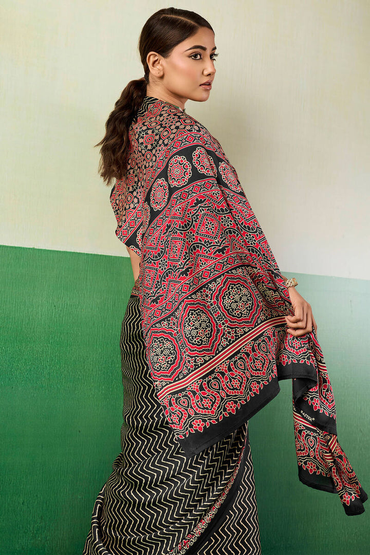 Ebony Black Ajrakh Printed Satin Silk Saree