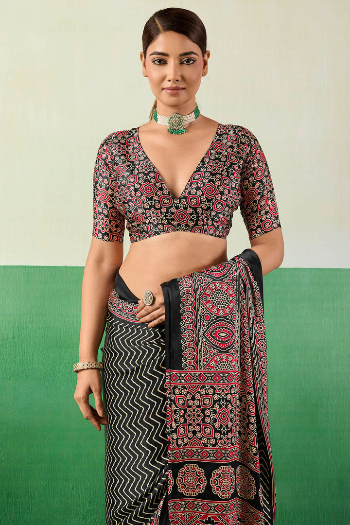 Ebony Black Ajrakh Printed Satin Silk Saree
