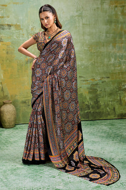 Ebony Black Ajrakh Printed Semi Modal Satin Silk Saree