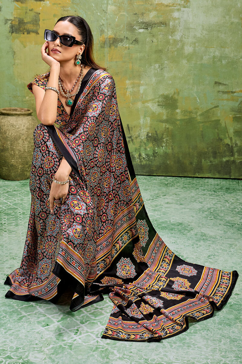 Ebony Black Ajrakh Printed Semi Modal Satin Silk Saree