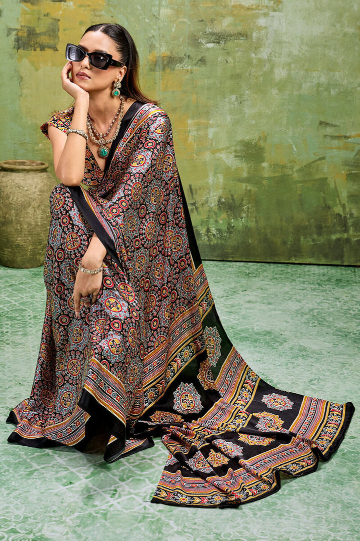 Ebony Black Ajrakh Printed Semi Modal Satin Silk Saree