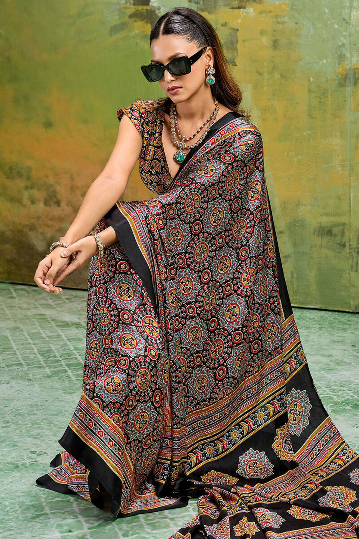 Ebony Black Ajrakh Printed Semi Modal Satin Silk Saree