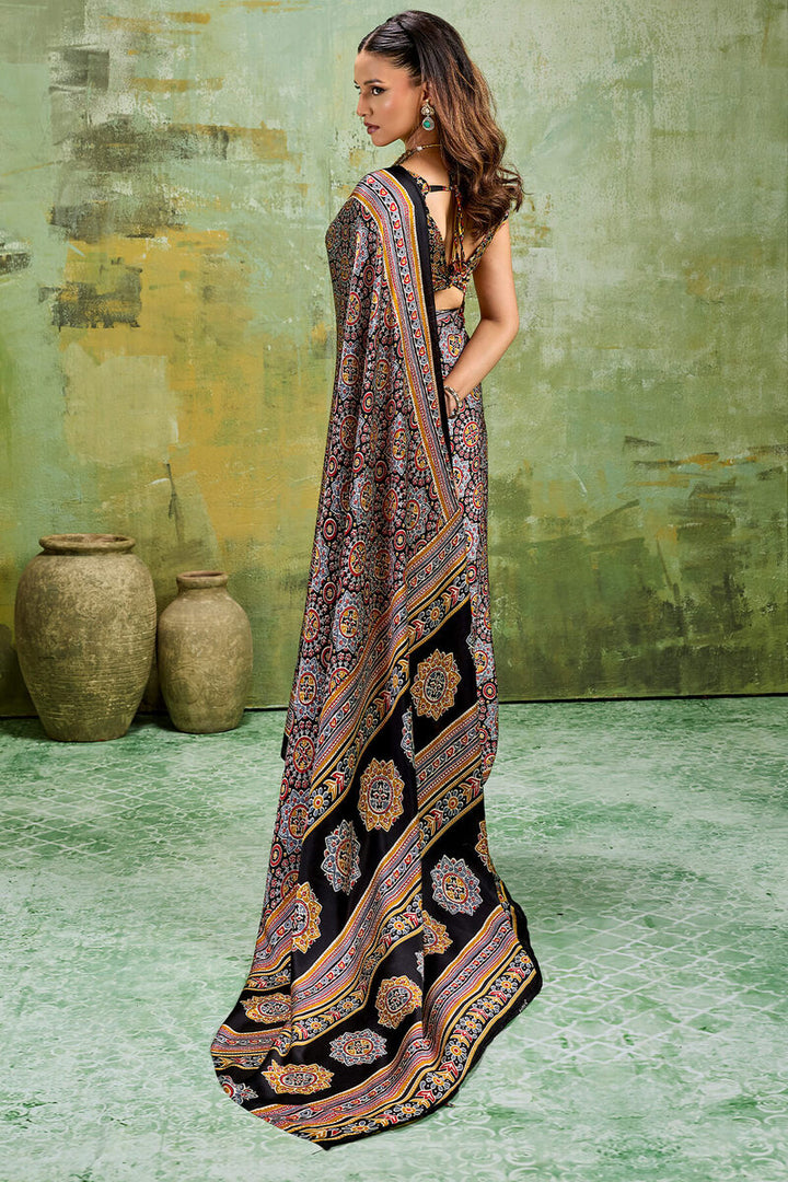 Ebony Black Ajrakh Printed Semi Modal Satin Silk Saree