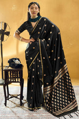 Ebony Black Banarasi Satin silk saree