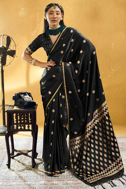 Ebony Black Banarasi Satin silk saree