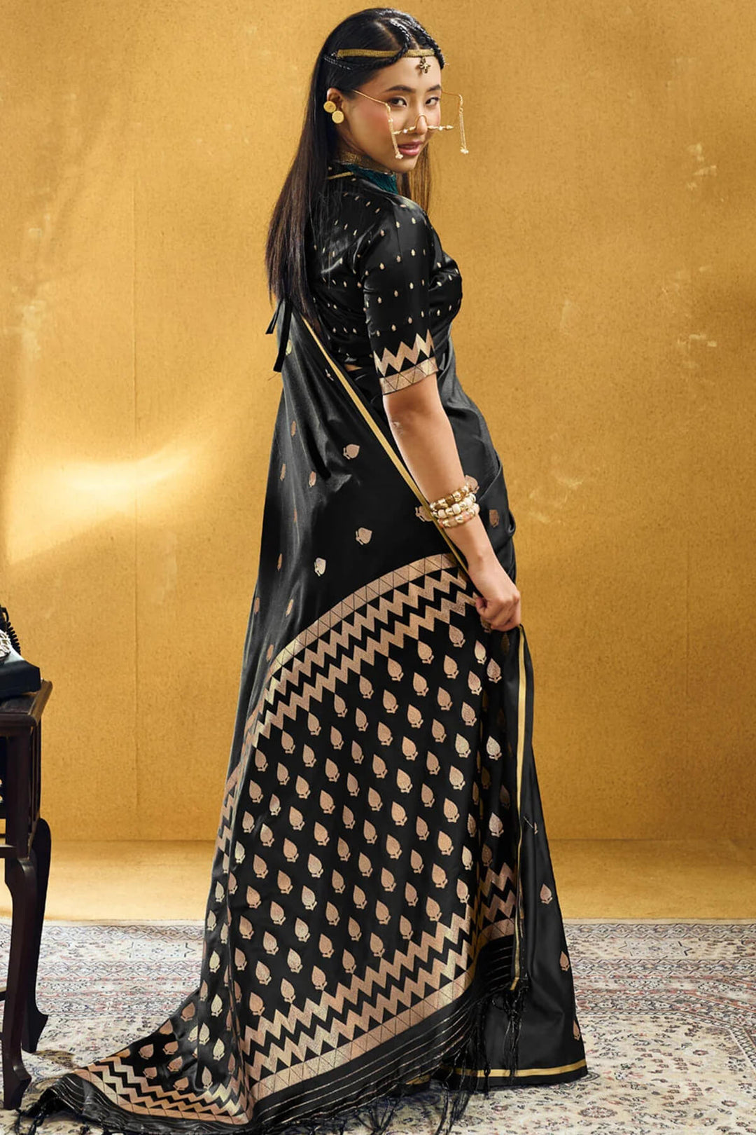 Ebony Black Banarasi Satin silk saree