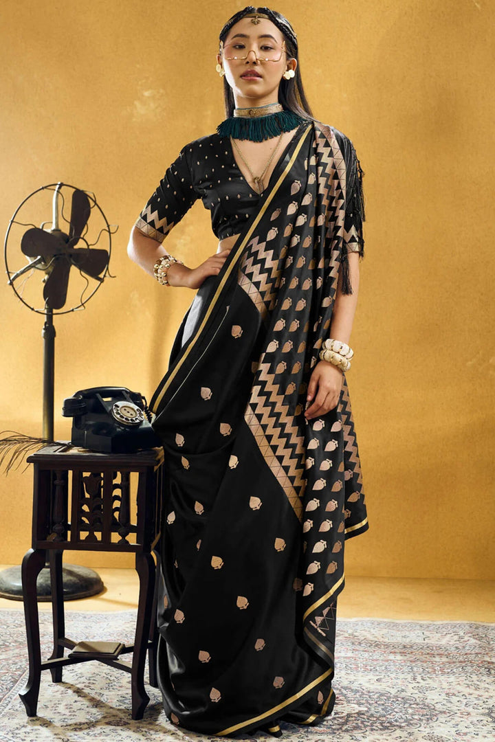 Ebony Black Banarasi Satin silk saree