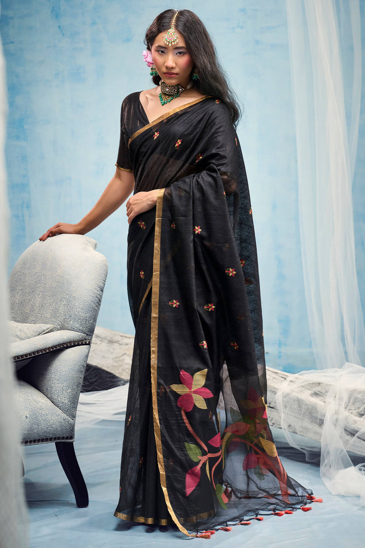 Ebony Black Zari Woven Munga Cotton Saree