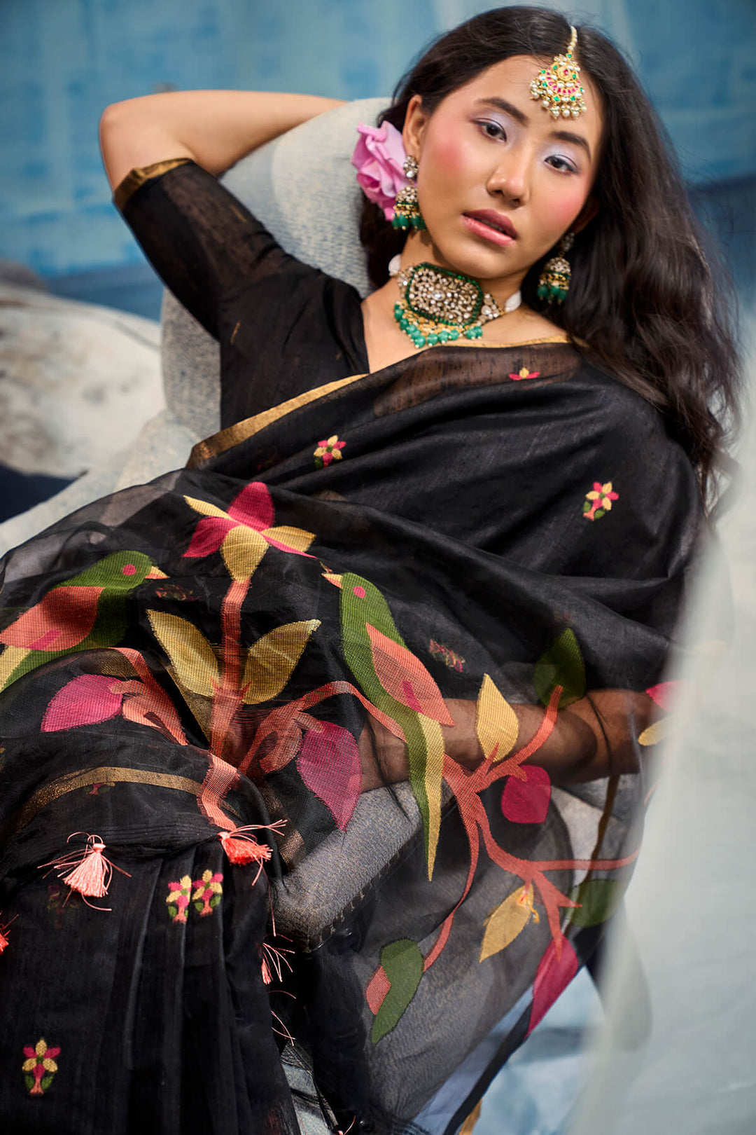Ebony Black Zari Woven Munga Cotton Saree