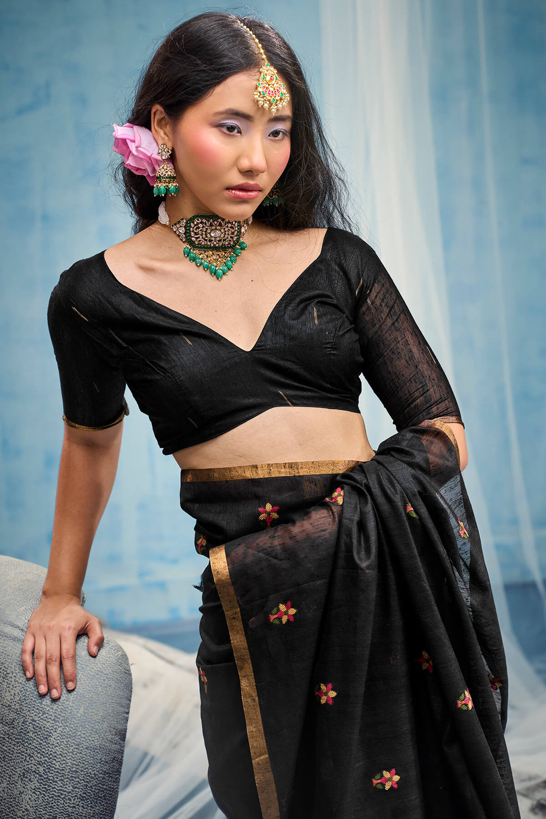 Ebony Black Zari Woven Munga Cotton Saree