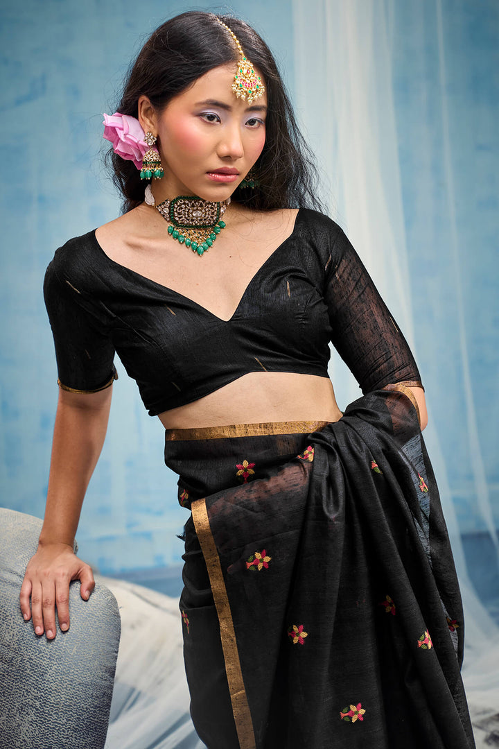 Ebony Black Zari Woven Munga Cotton Saree