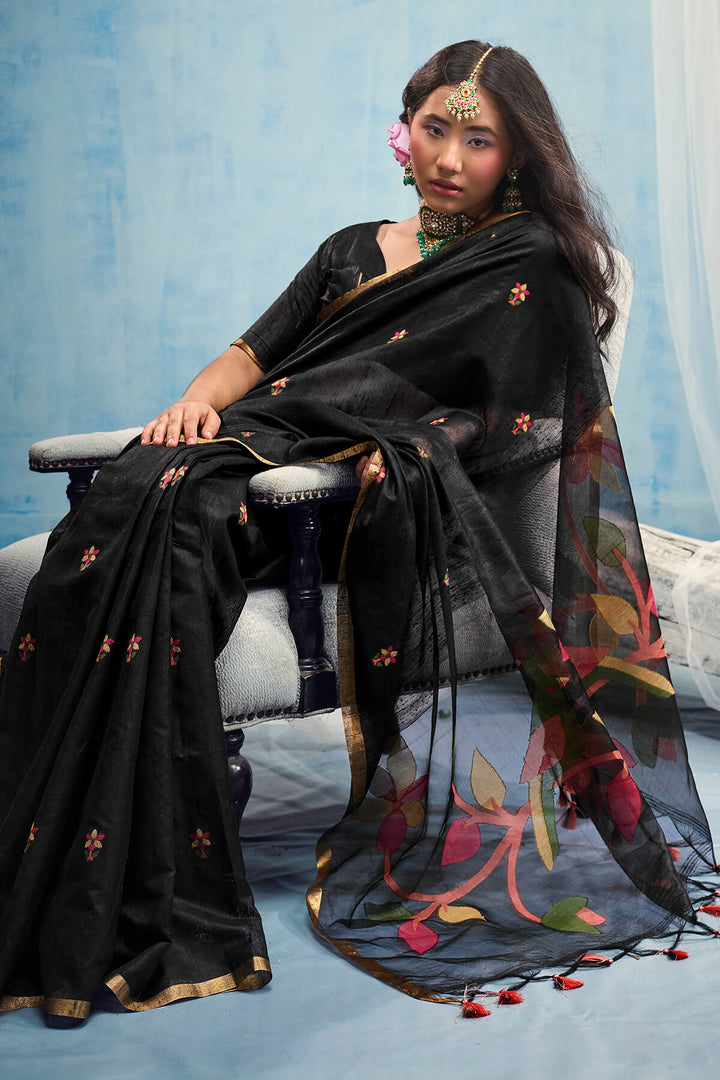 Ebony Black Zari Woven Munga Cotton Saree