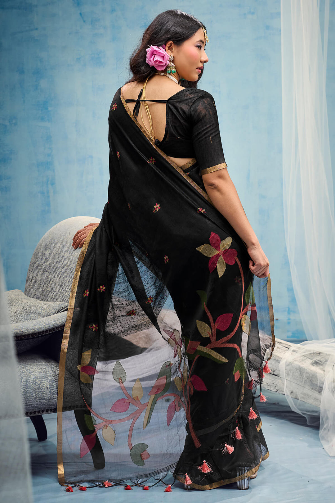 Ebony Black Zari Woven Munga Cotton Saree