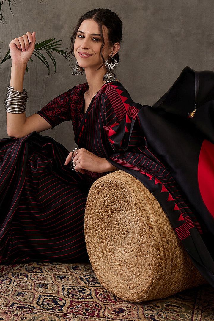 Eclipse Black Ajrakh Printed Satin Silk Saree