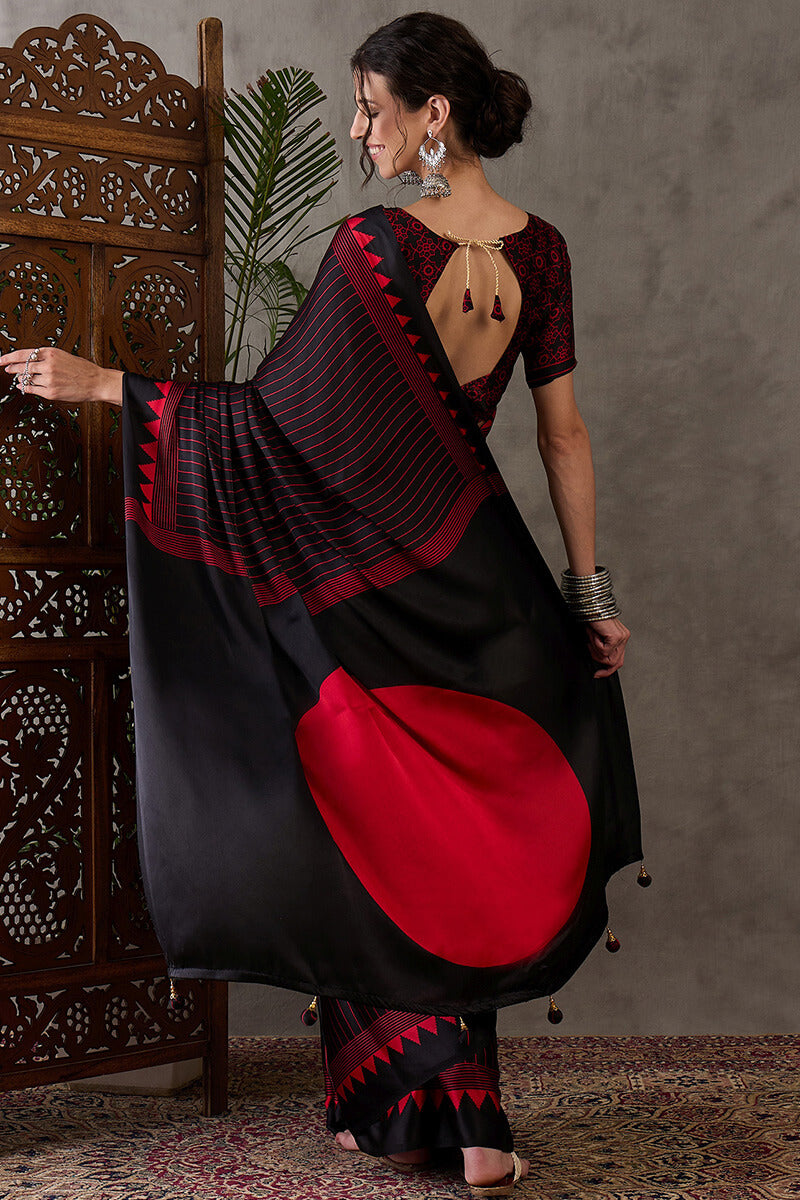 Eclipse Black Ajrakh Printed Satin Silk Saree