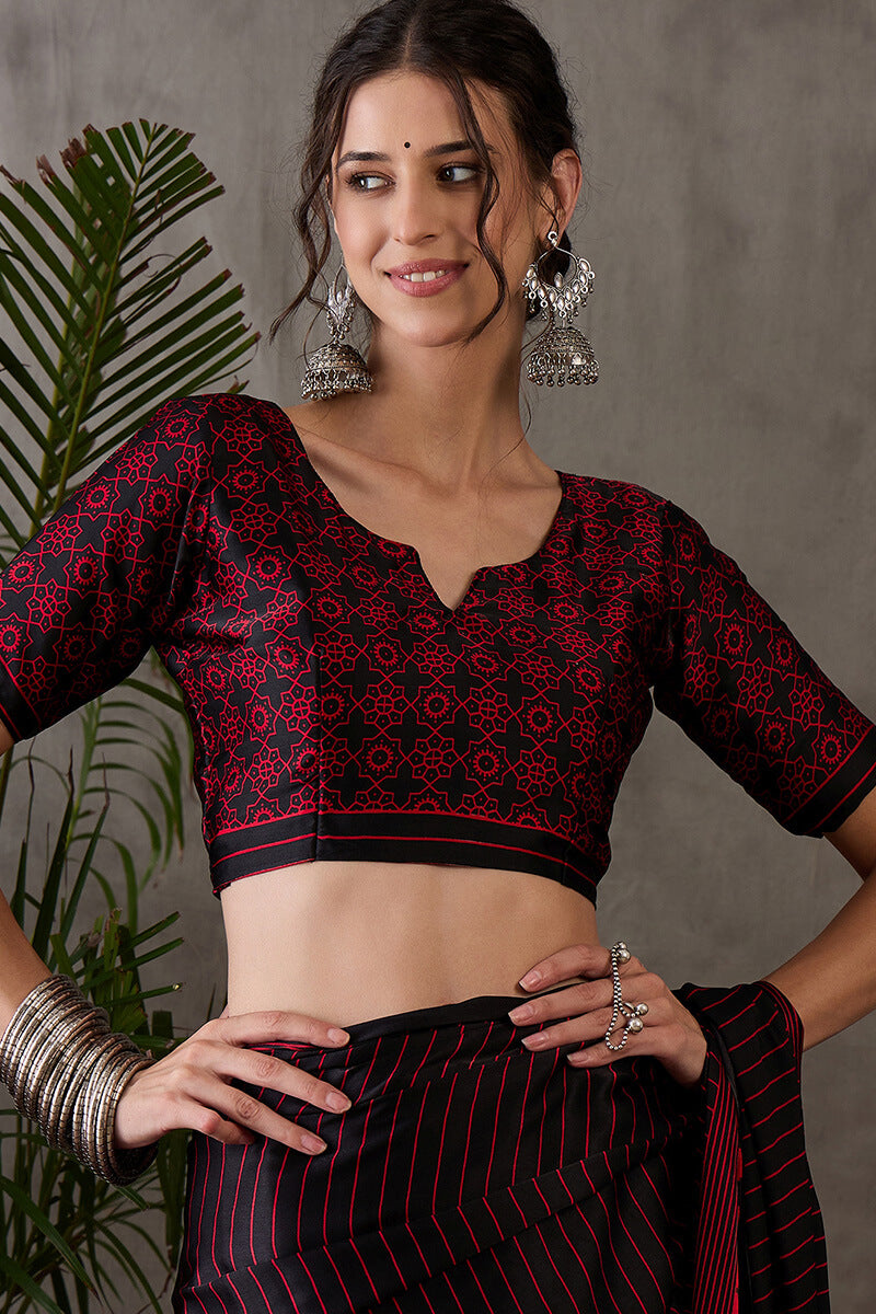 Eclipse Black Ajrakh Printed Satin Silk Saree