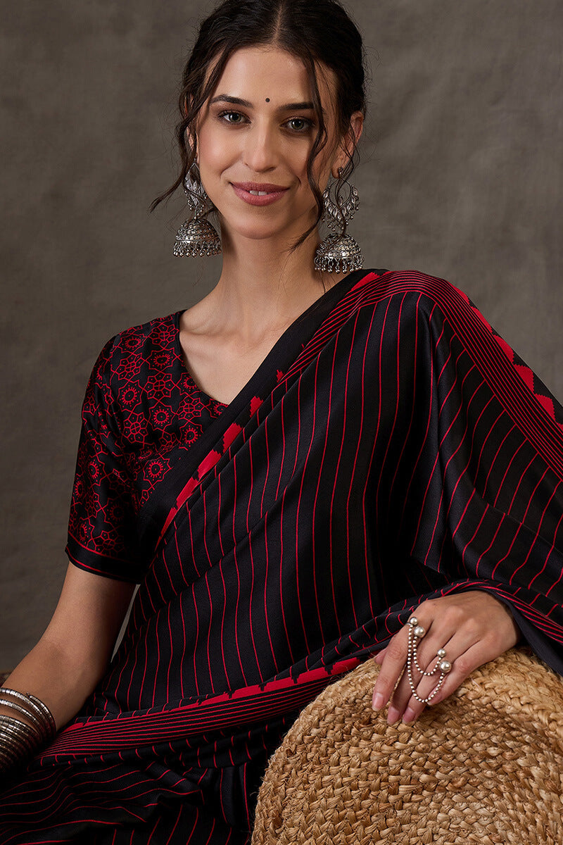 Eclipse Black Ajrakh Printed Satin Silk Saree