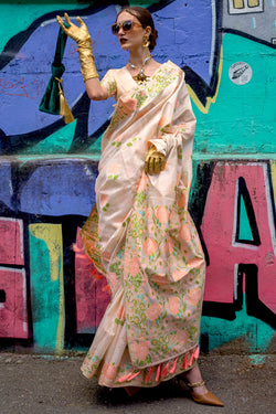 Ecru Beige Parsi Woven Banarasi Silk Saree