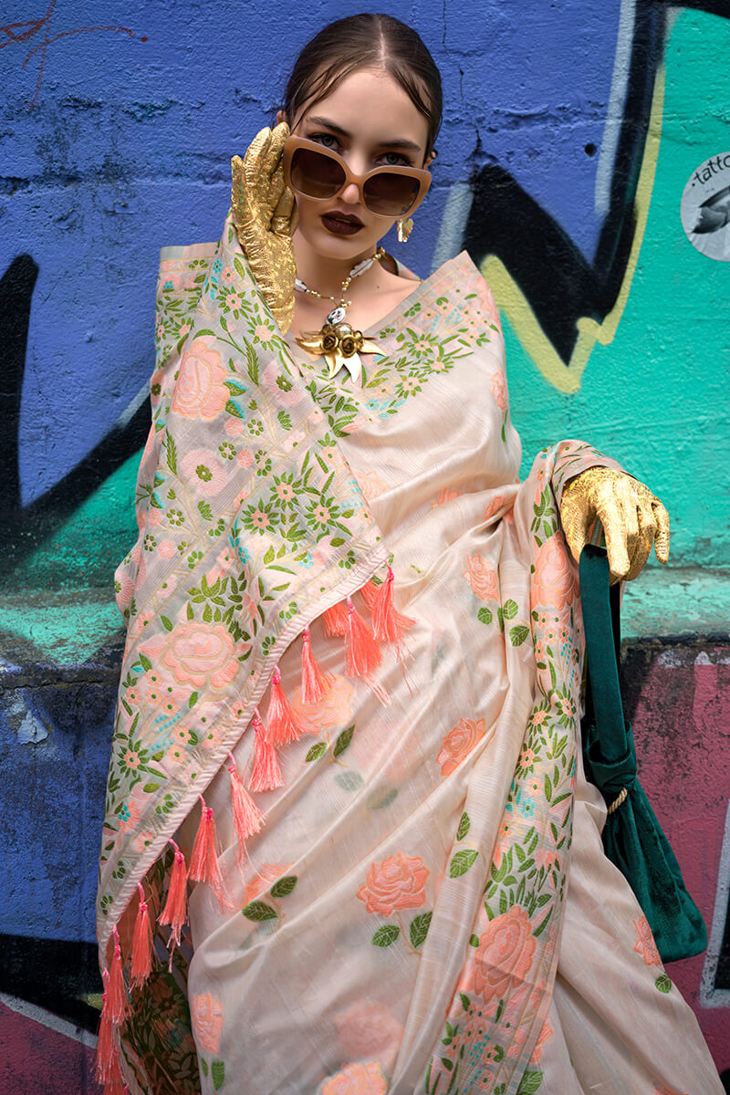 Ecru Beige Parsi Woven Banarasi Silk Saree