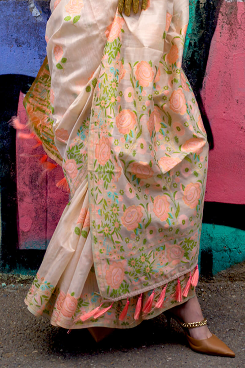 Ecru Beige Parsi Woven Banarasi Silk Saree
