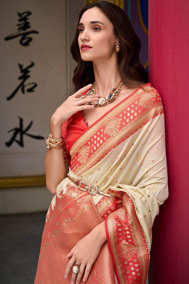 Ecru Beige Zari Woven Soft Banarasi Silk Saree