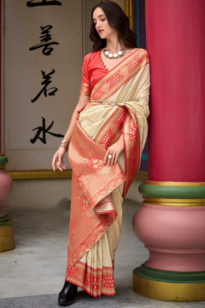Ecru Beige Zari Woven Soft Banarasi Silk Saree