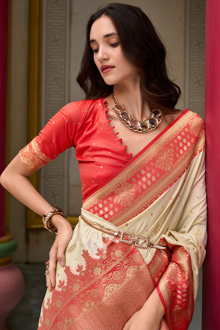 Ecru Beige Zari Woven Soft Banarasi Silk Saree