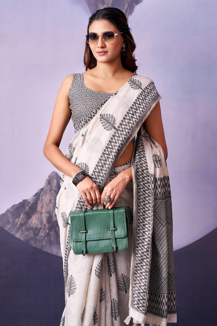 Ecru White and Black Cotton Silk Saree