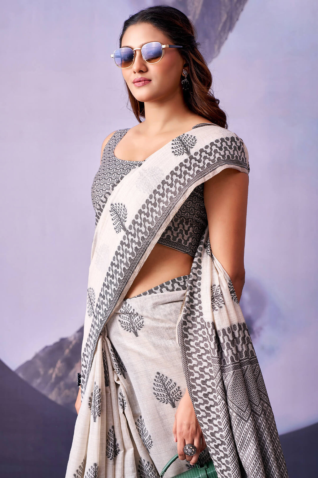 Ecru White and Black Cotton Silk Saree