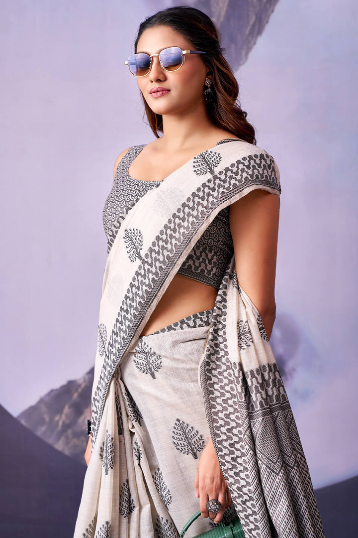 Ecru White and Black Cotton Silk Saree