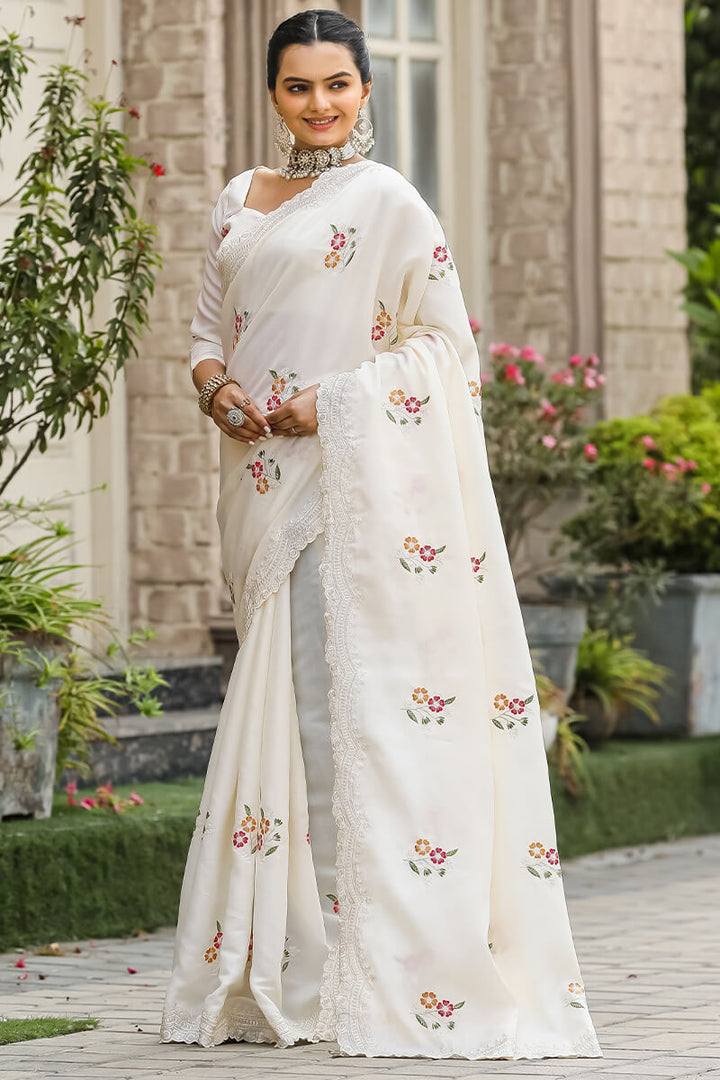 Ecru White Embroidered Work Cotton Saree