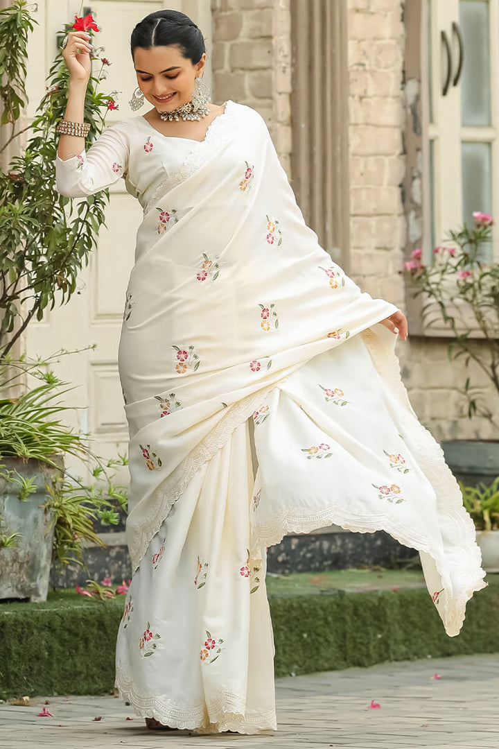 Ecru White Embroidered Work Cotton Saree