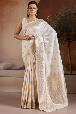Ecru White Zari Handloom Soft Banarasi Silk Saree