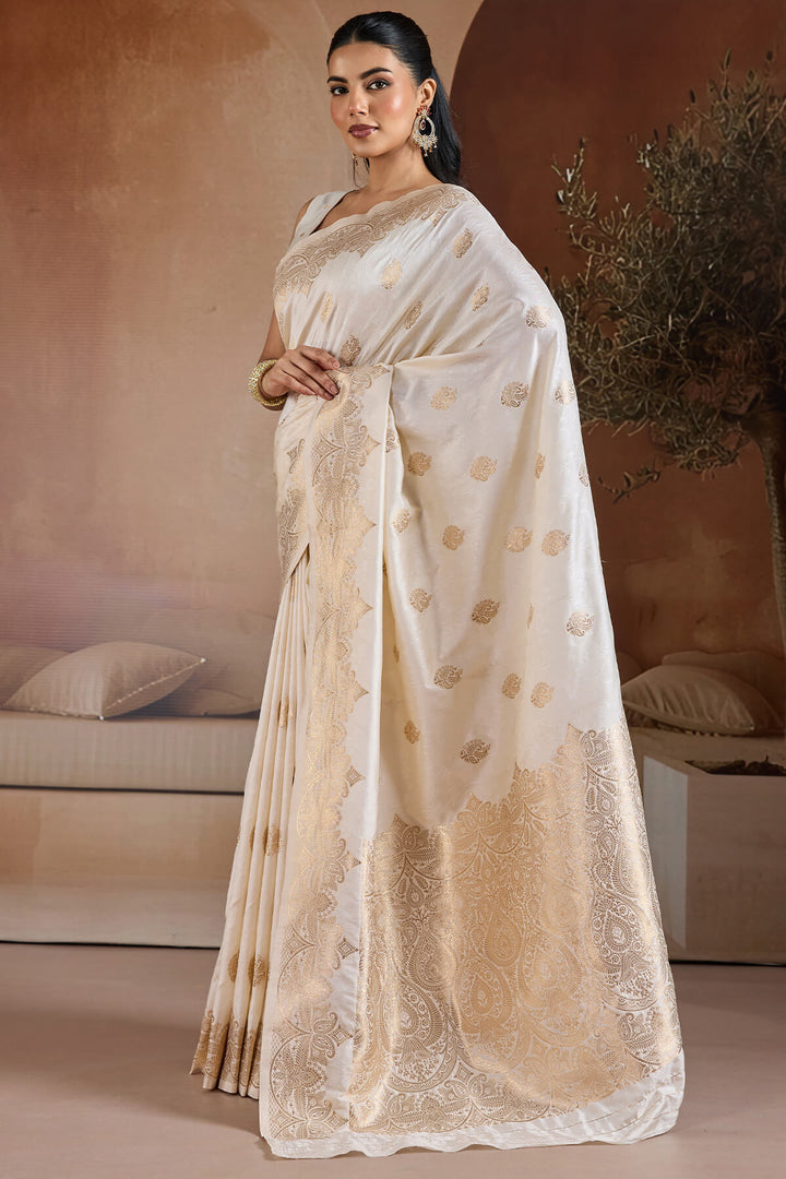Ecru White Zari Handloom Soft Banarasi Silk Saree