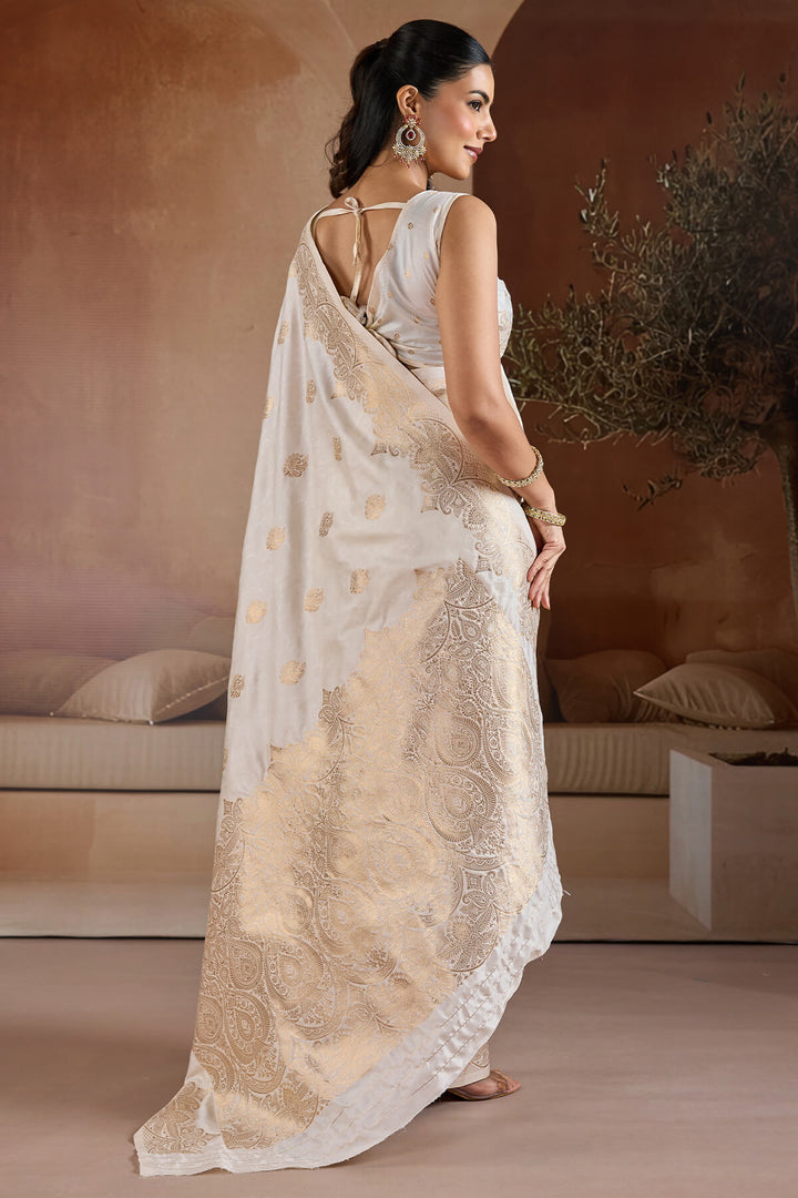 Ecru White Zari Handloom Soft Banarasi Silk Saree