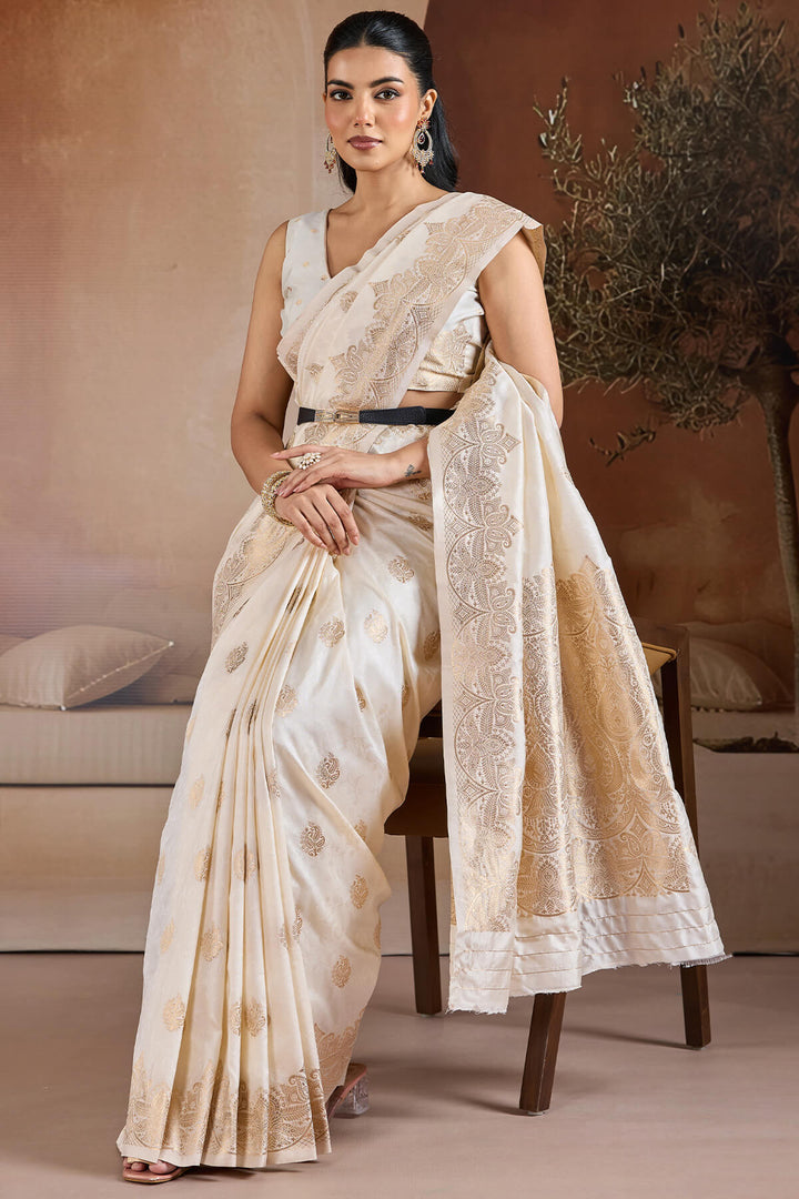 Ecru White Zari Handloom Soft Banarasi Silk Saree