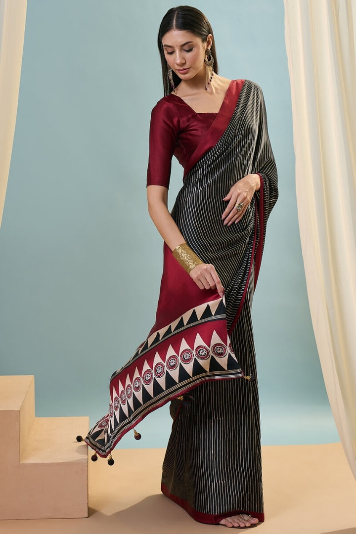 Eerie Black Ajrakh Printed Satin Silk Saree