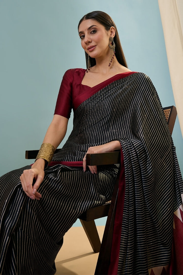 Eerie Black Ajrakh Printed Satin Silk Saree