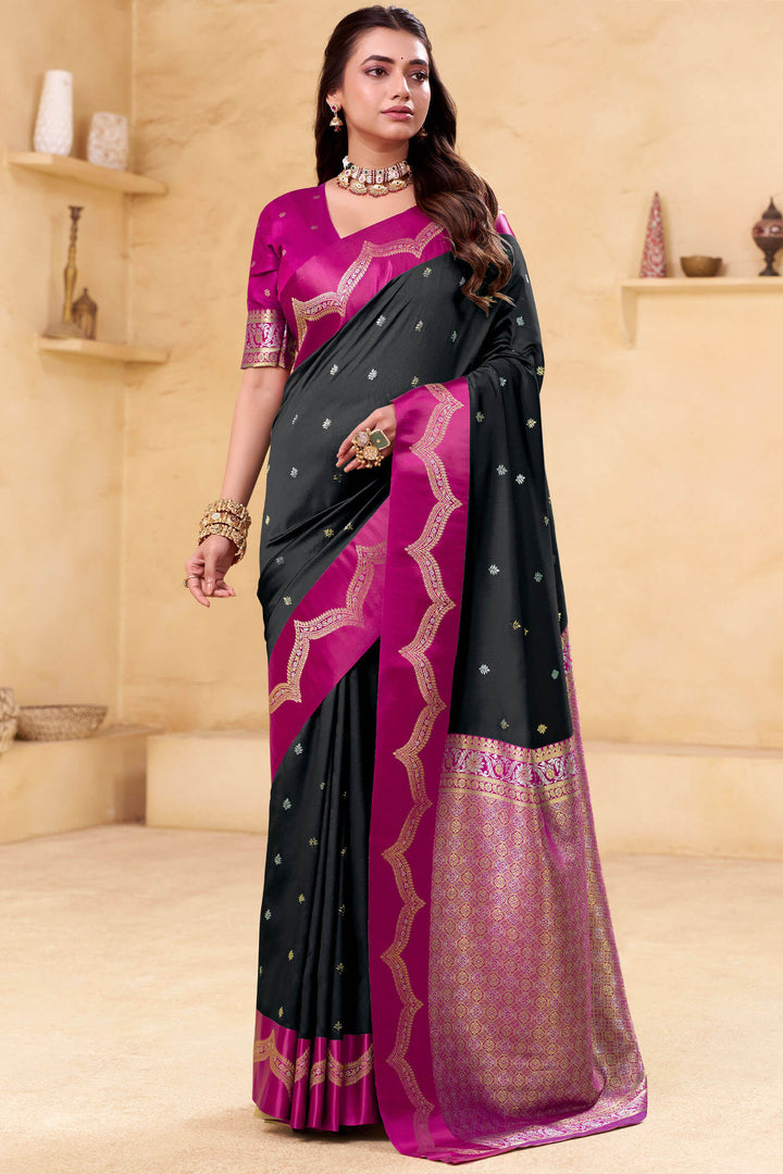 Eerie Black Banarasi Satin Silk Saree