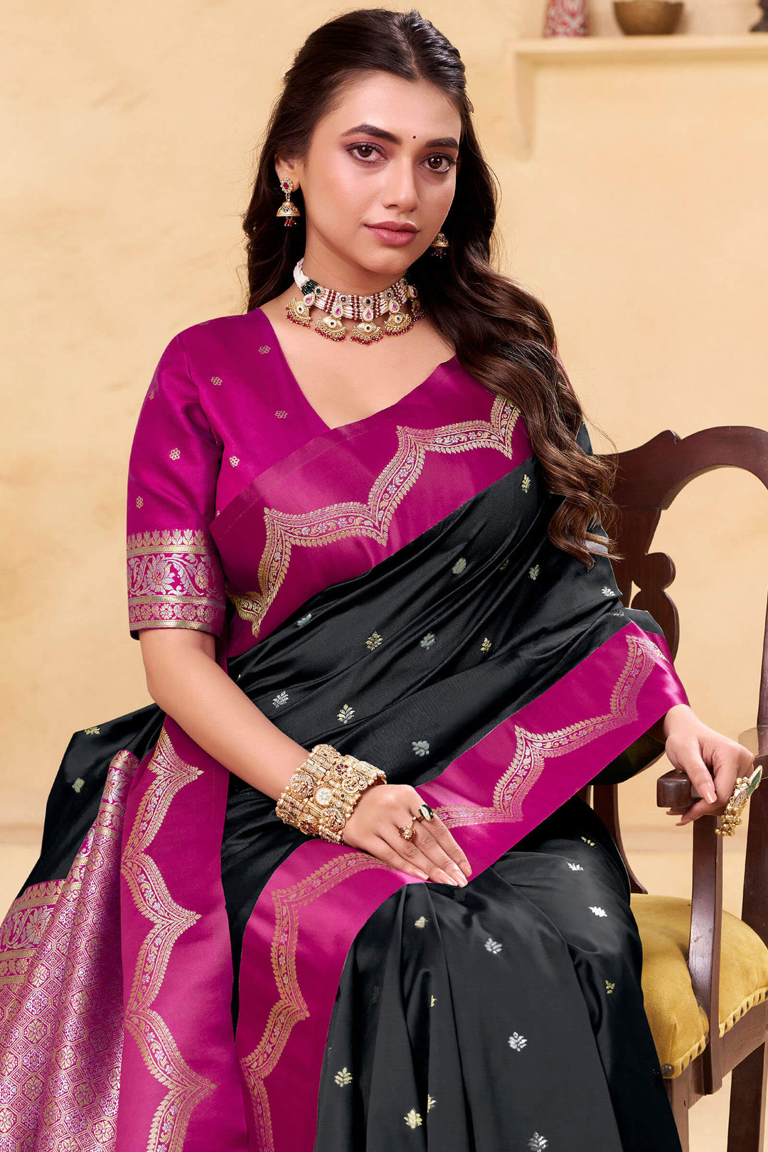 Eerie Black Banarasi Satin Silk Saree