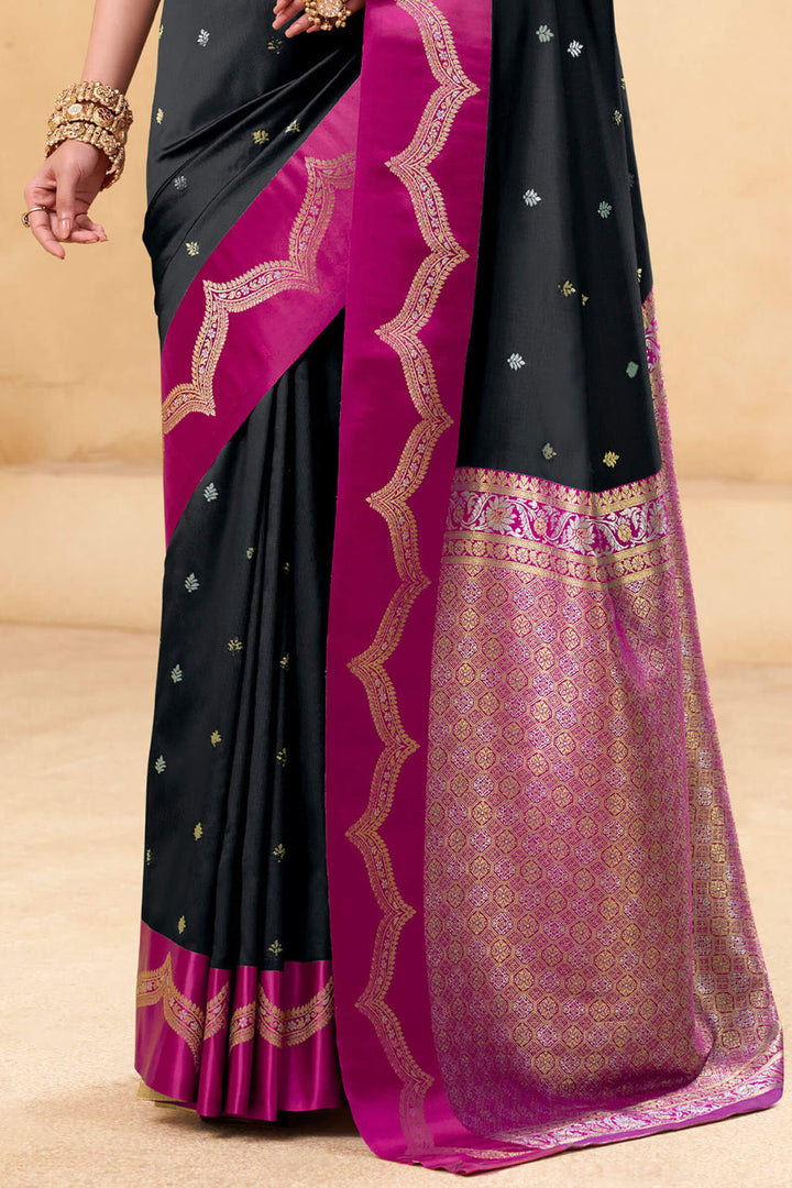 Eerie Black Banarasi Satin Silk Saree