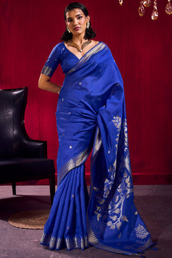 Egyptian Blue Banarasi Satin Linen Silk Saree