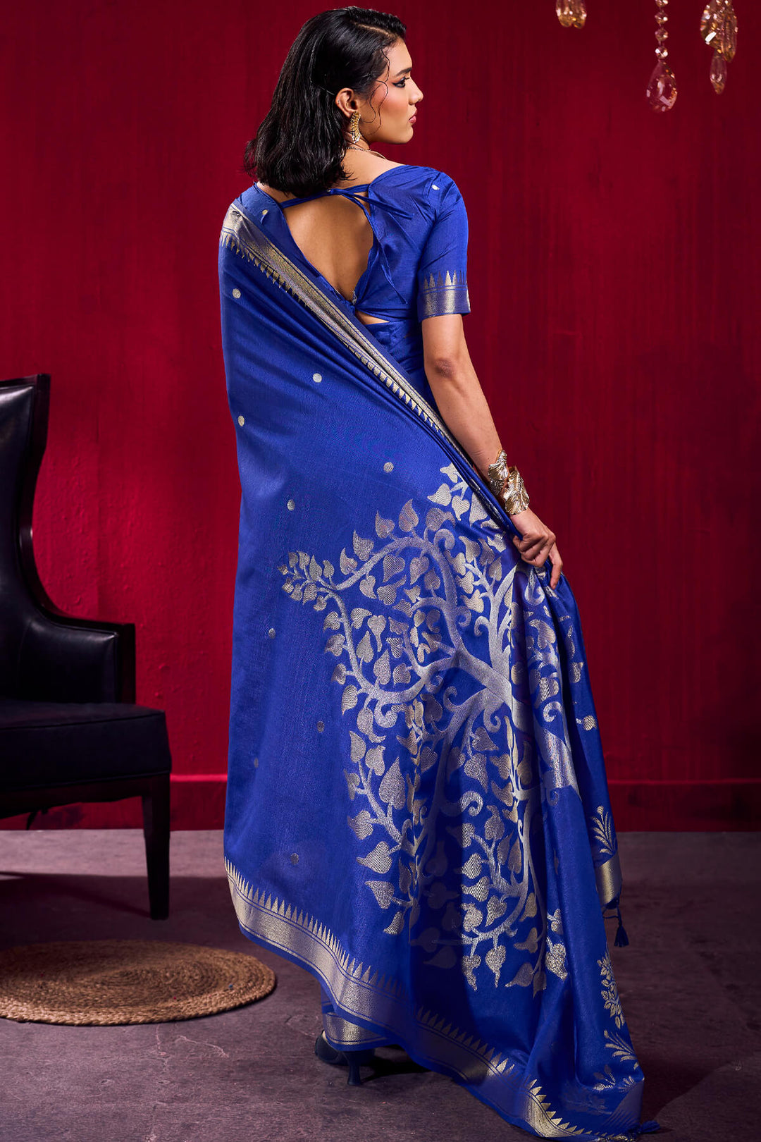 Egyptian Blue Banarasi Satin Linen Silk Saree