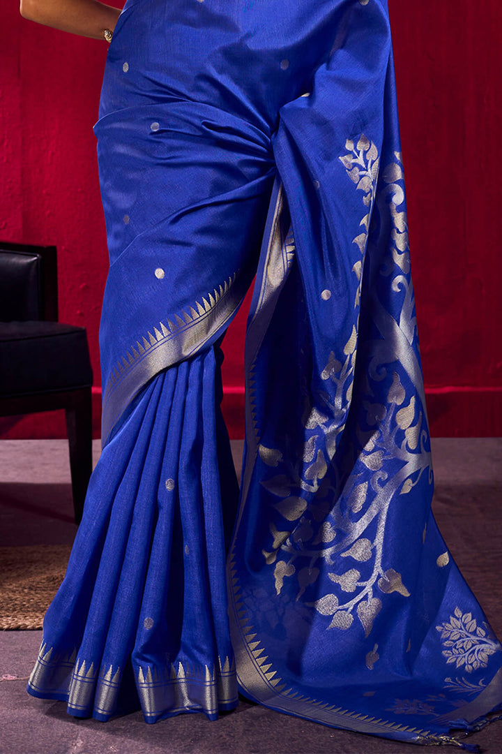 Egyptian Blue Banarasi Satin Linen Silk Saree