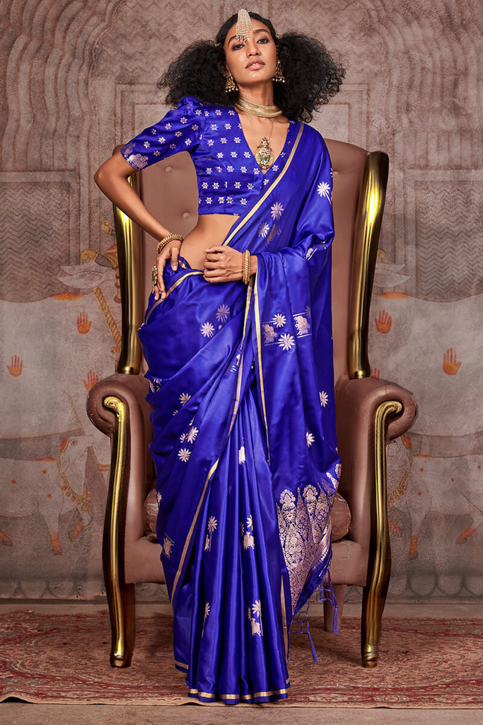 Egyptian Blue Zari Woven Banarasi Satin Silk Saree