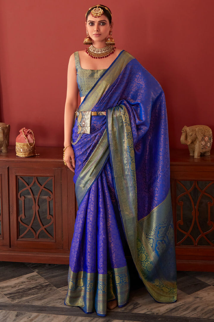 Egyptian Blue Zari Woven Kanjivaram Silk Saree