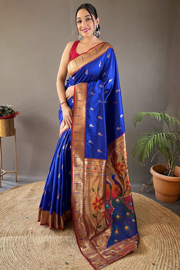 Egyptian Blue Zari Woven Paithani Silk Saree