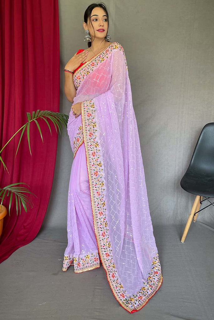 Electric Lavender Embroidered Sequence Work Georgette Saree