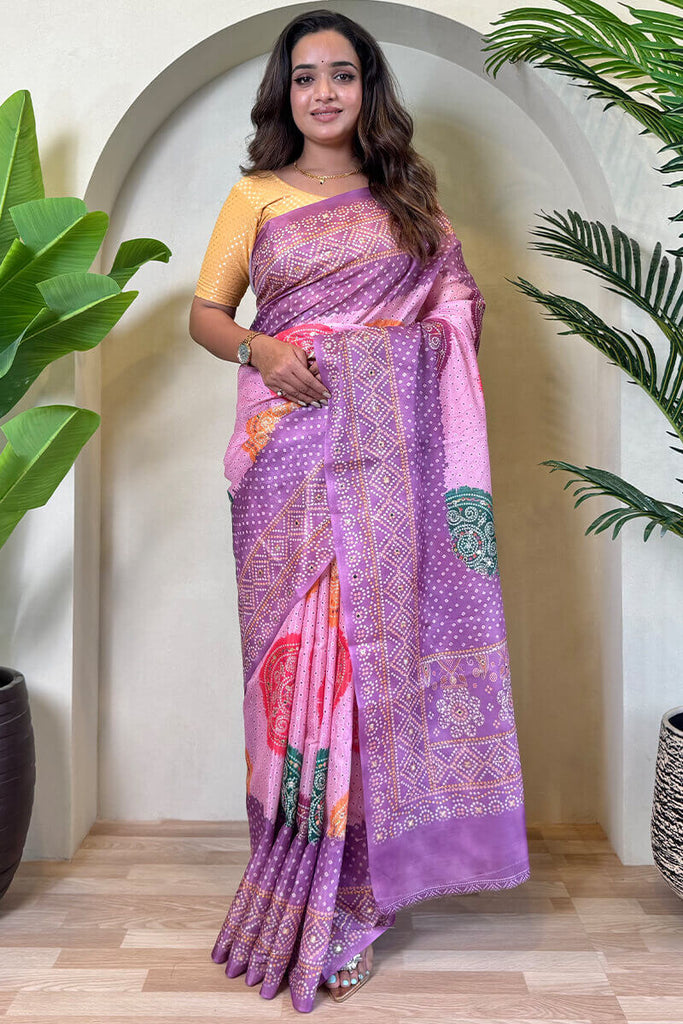 Electric Lavender Printed Bandhani saree
